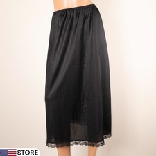 Vintage Women's Long Half Slip Skirt Black Silky Nylon Midi Lace Trim Lingerie M