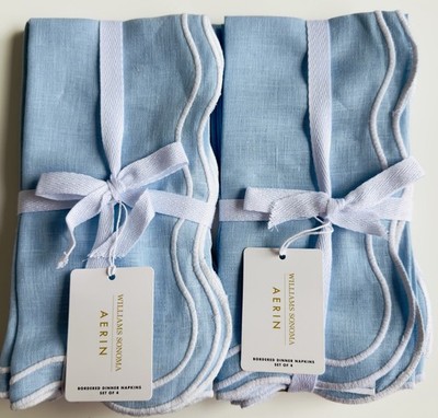 8 Aerin Williams Sonoma Scalloped 100% Linen Embroidered Napkins NWT Retail $139