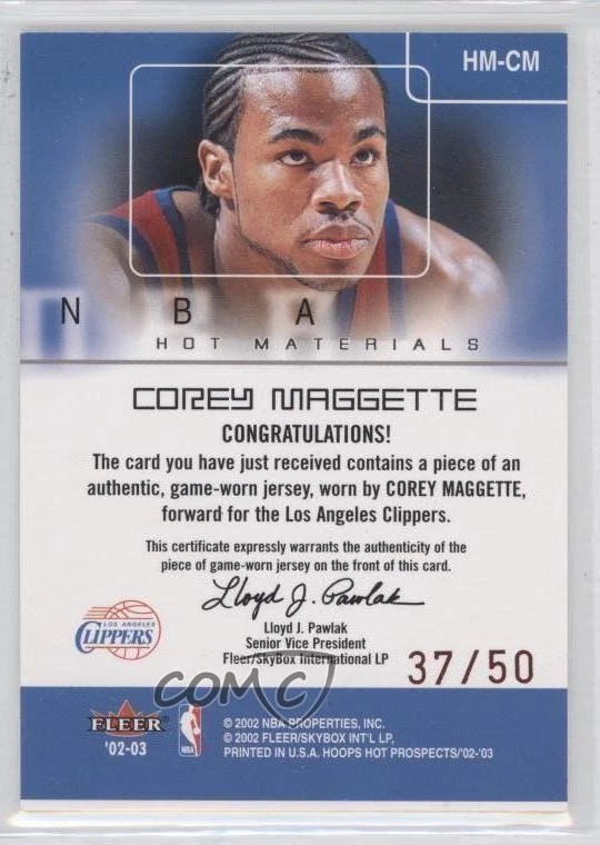 2002-03 Hoops Hot Prospects Hot Materials Red Hot /50 Corey Maggette #HM-CM - Image 2 of 2