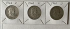 Lot Of 3 1962 D Franklin 90% Silver Half Dollars Fine to Very Fine Condition