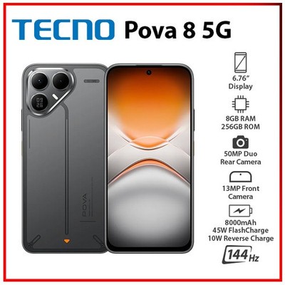 (New) TECNO Pova 8 5G 8GB+256GB BLACK Dual SIM Unlocked Android Cell Phone