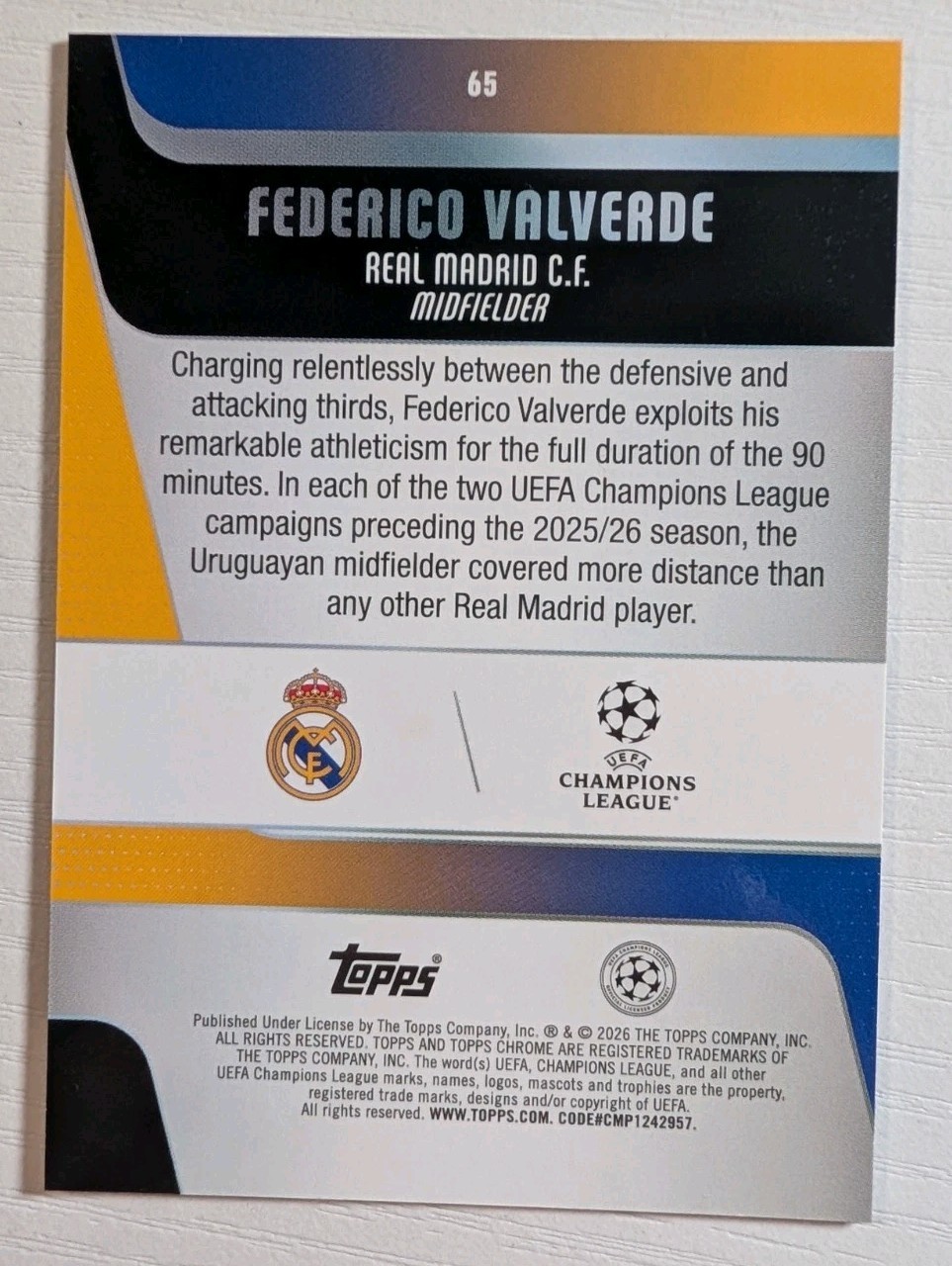 Federico Valverde 2025-26 Topps Chrome #65 gold sapphire refractor /50 view 2