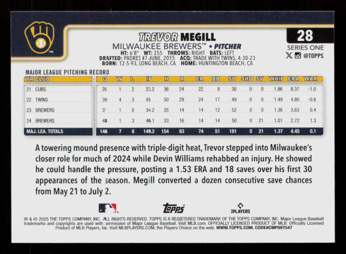 Trevor Megill 2025 Topps Series 1 #28 Milwaukee Brewers Baseball