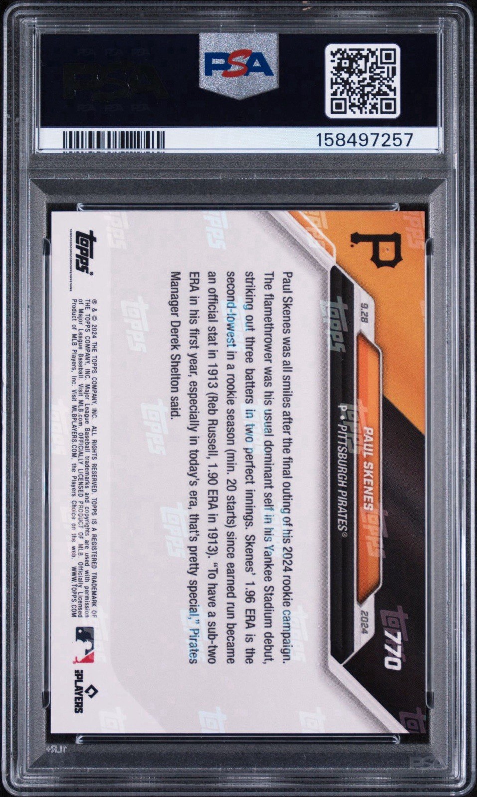 PSA 10 Paul Skenes 2024 Topps Now 1.96 ERA 2nd lowest #770 /32652 (RC) Pirates view 2