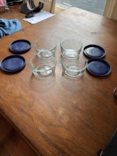 Pyrex (4) 7202 1-Cup Glass Bowls & (4) 7202-PC Dark Blue Lids made in USA (b)