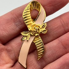 Avon Pink Enamel Ribbon Lapel Pin Brooch Gold Tone Rose Breast Cancer Awareness