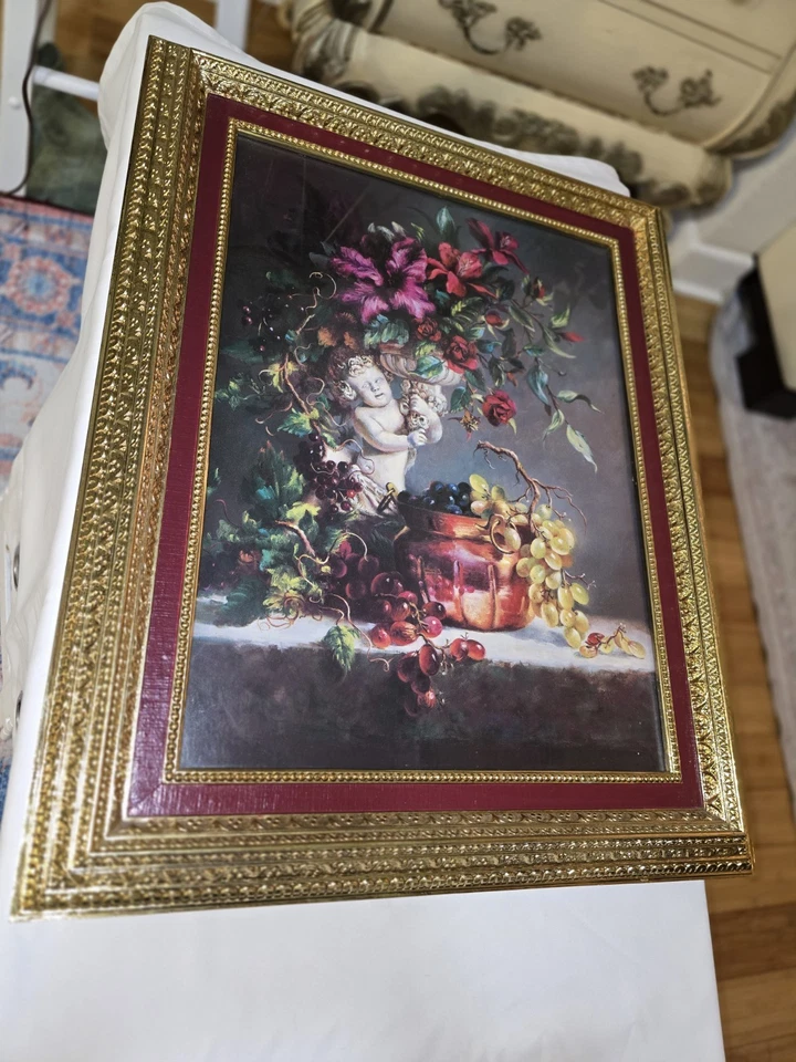 "Impresión artística enmarcada dorada firmada por Di Giacomo ángulo con flores 30,5 x 24,5""" Foto 3 de 4