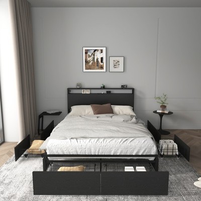 Queen Full Size Platform Bed Frame with LED Lights Storage Headboard＆Charging
