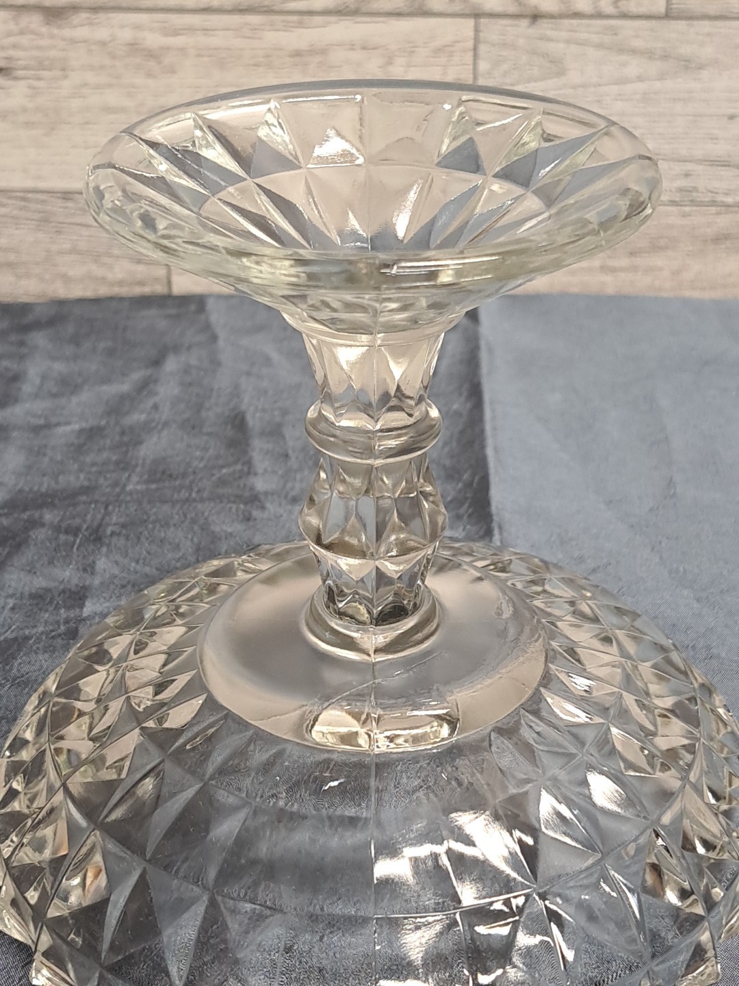 Vtg Jeanette Glass Clear Diamond Cubist Compote Pedestal Bowl 6", Candy Dish 6⅝"