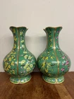 Pair of Green Oriental Chinese Ceramic Vases - Floral Pattern - 32cm High