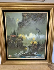 Original Chen Mao Signed Oil Horsehair Painting 20x24 Waterfall Temple Pagoda