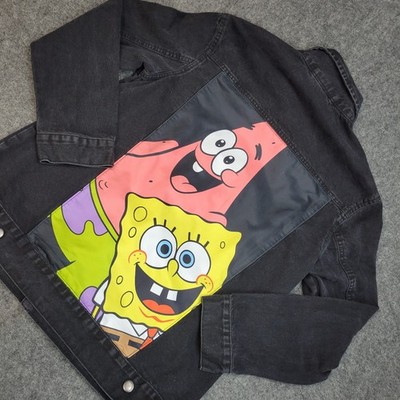 Nickelodeon Denim Jacket Mens Medium Black Spongebob Patrick Cartoon Y2K Pop TV