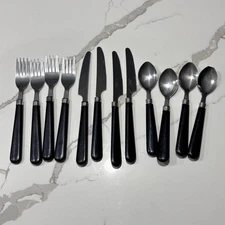 Stainless Steel Flatware Set of 12 BLACK HANDLE 4 PLACE SETTING EUC