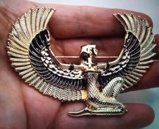 EGYPTIAN WINGED GODDESS BROOCH Black Enamel Gold Metal 5.6x8.4x1cm New Gift
