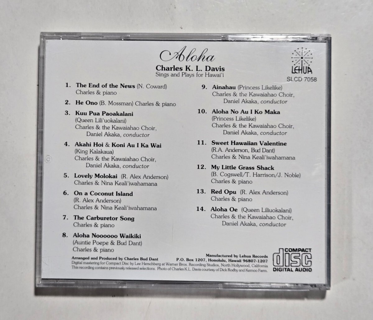 Charles Davis Signature 37/6ML Charles K. L. Davis: Aloha - Sings and Plays for Hawaii CD (1992