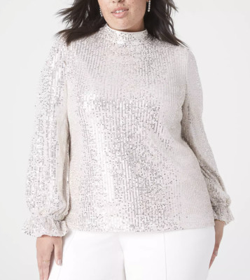 LANE BRYANT WOMEN'S BEIGE SILVER LONG SLEEVE CLASSIC SEQUIN LINED TOP Sz 20