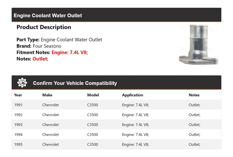 For 1991-1995 Chevrolet C3500 7.4L V8 Engine Coolant Water Outlet 4 Seasons 1992 - Image 2 of 4