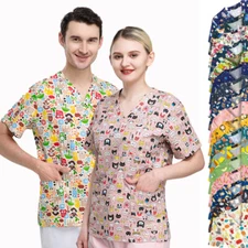 100% Pure Cotton Unisex Scrub Tops Cartoon Printed V-Neck Women Men Short Sleeve