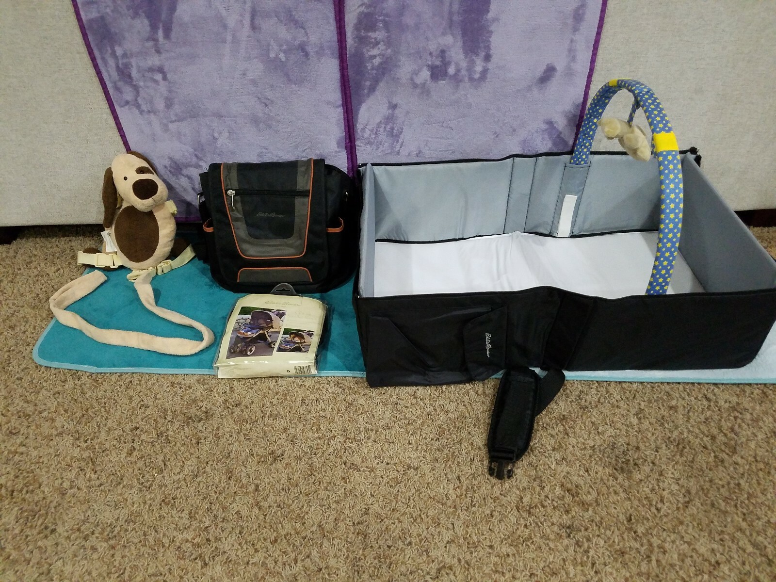 Eddie Bauer Baby Infant Travel Bed Fold Go Diaper Bag Stroller Shade Harness dog eBay