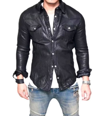 Herren Lederhemd Freizeit Stil echtes Lammfell schwarz schmale Passform Lederjacke