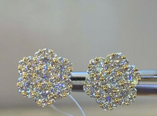 Cluster Flower Stud Earrings 14K Yellow Gold Plated 2 Ct Round Real Moissanite