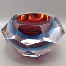 Vintage Murano Glass Italian Sommerso Red & Blue Faceted Heavy Ashtray - 880g