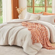Queen Size Comforter Set Beige, 3 Piece Solid Bedding for All Seasons, Warm down