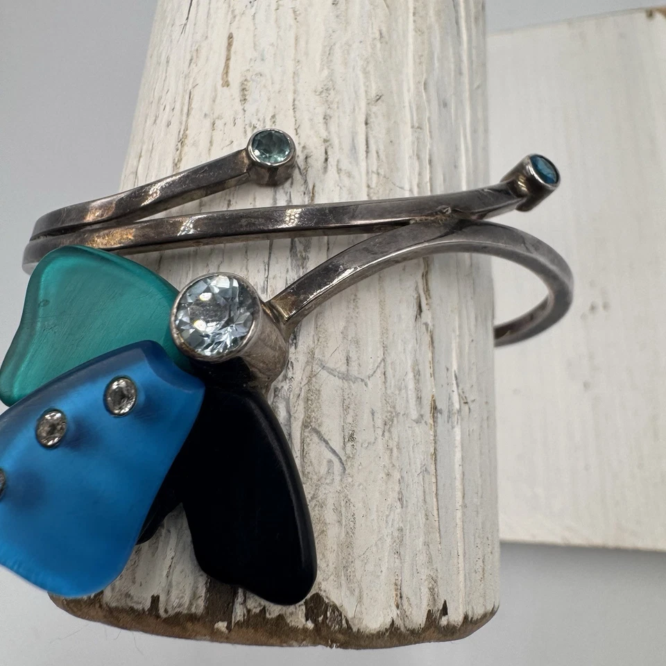 Brazalete de plata de ley 925 hecho a mano firmado diseño de flores piedras azules 23 G Foto 4 de 4