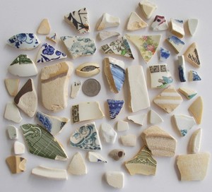 56 Pieces Pottery Maine Sea Glass Pottery Blue Green White Stripe Multiple Color