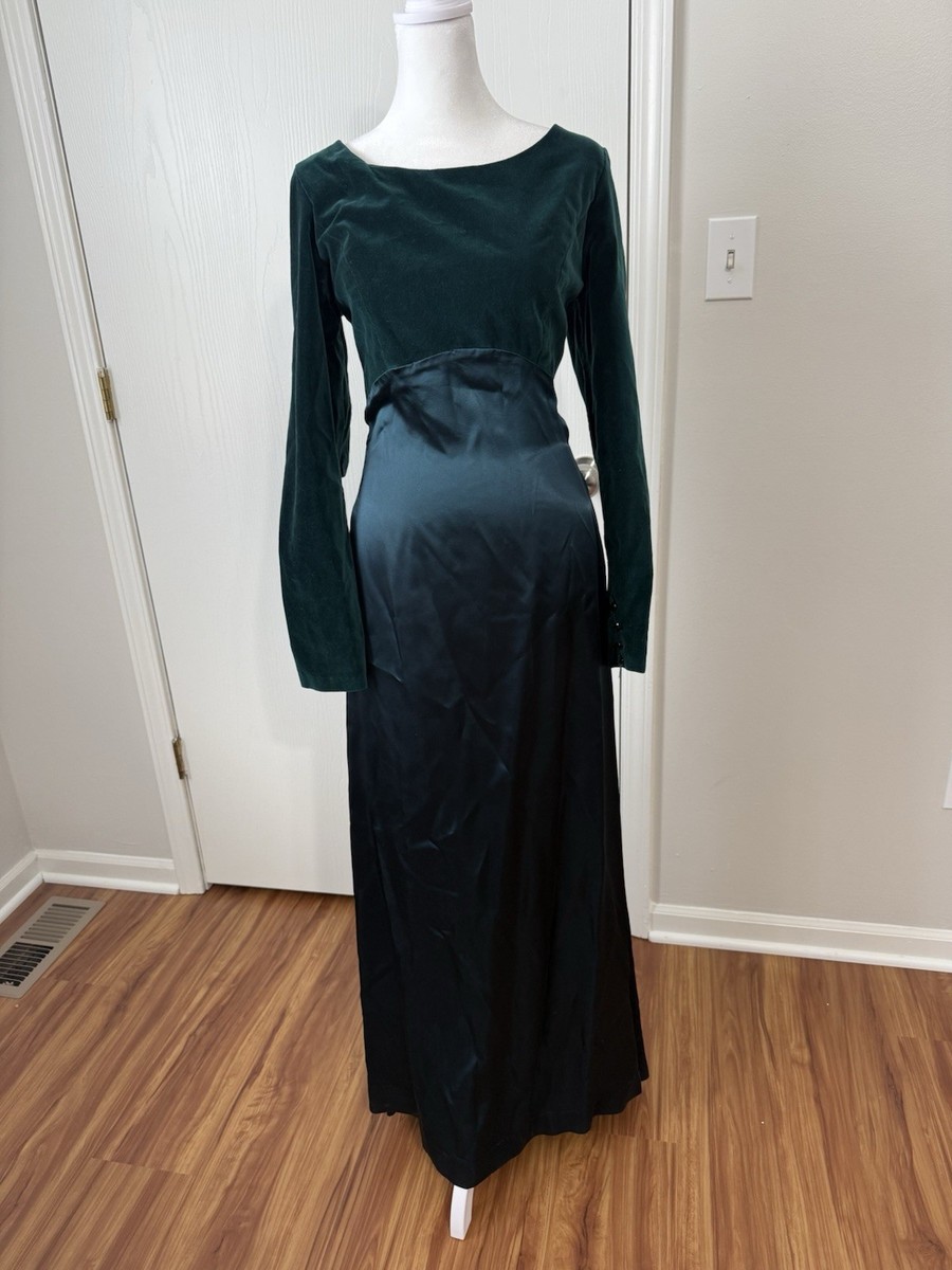 Vintage Emerald Green Velvet Satin Long Sleeve Formal Evening Gown Princess  | eBay
