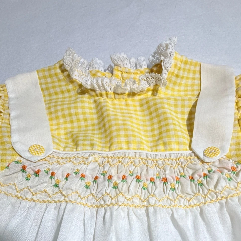 复古黄色格子缩褶婴儿连衣裙蕾丝装饰袖口复活节 3T — 第 4/4 张图片