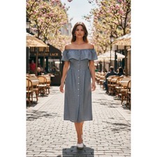 FRNCH Off-Shoulder Midi Dress Button Front Blue Gray Cottagecore Casual Size SM