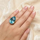 Ocean Blue Aquamarine Pear 26.40Ct 925 Sterling Silver 24K Gold Rings Size 6.75