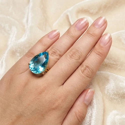 Ocean Blue Aquamarine Pear 26.40Ct 925 Sterling Silver 24K Gold Rings Size 6.75