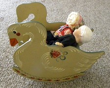 Vintage Wooden Rocking Swan Children  s Toy Nursery Decor  Pair 10"Dutch Dolls