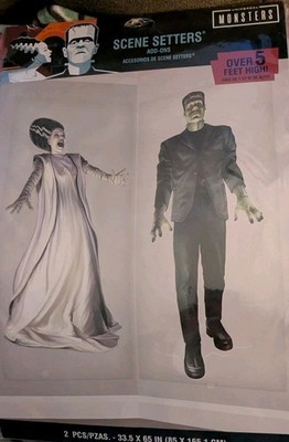 New 5 Foot Tall Frankenstein & His Bride 2 Plastic Wall Hangings Halloween Decor