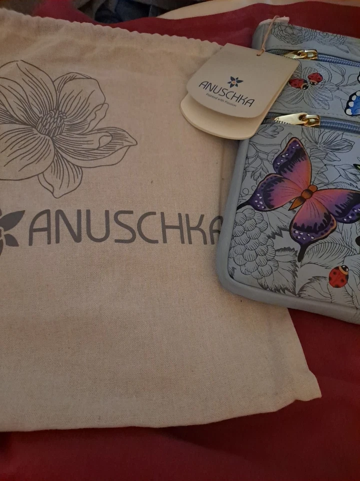 Raro! Anuschka Novo com etiquetas tiracolo de couro pintado borboleta melodia azul pronto para presente - Imagem 3 de 4