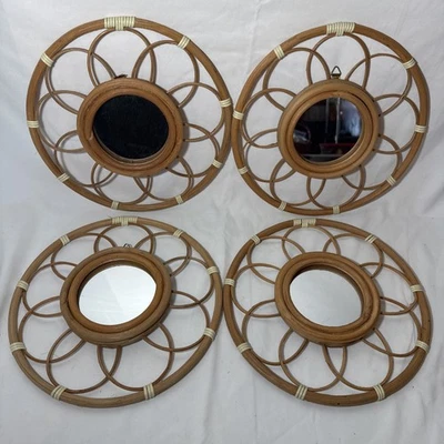 4 Vintage Boho Rattan round framed mirrors natural wood 10”- 3.5”mirror Vietnam - image 1 of 4