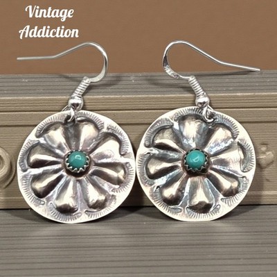 Navajo Joan Begay Sterling Kingman Turquoise Repousse Concho Earrings 1.5''