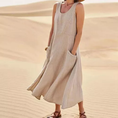 Women's Cotton Linen Maxi Dress Ladies Solid Pockets Sleeveless Summer Sundress - Picture 13 of 34