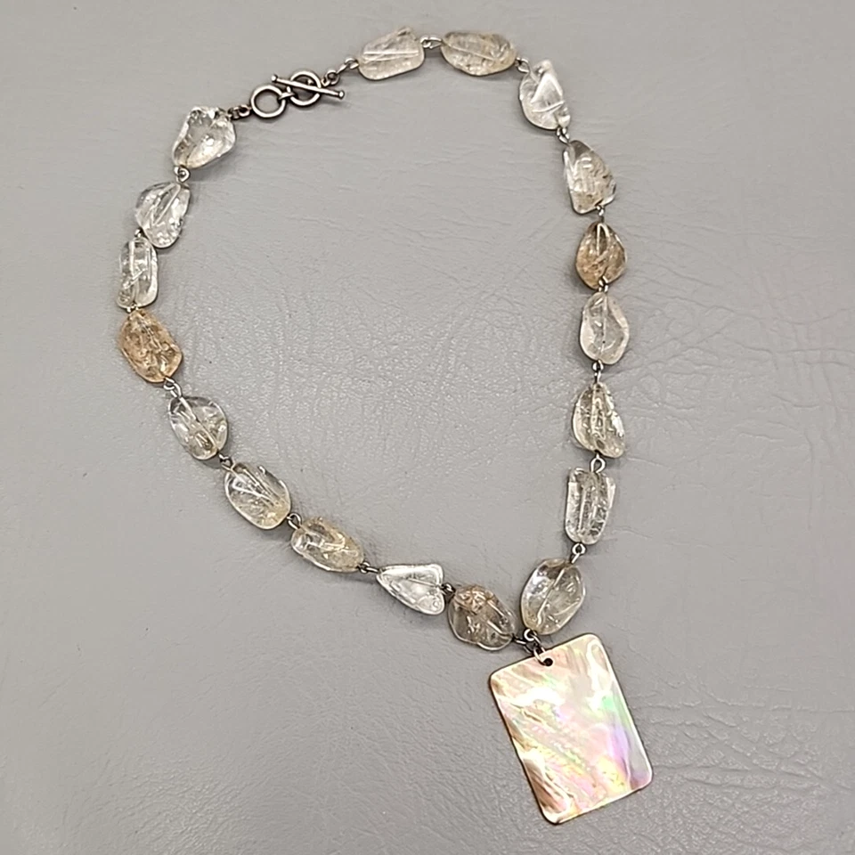 Beaded Quartz Necklace Shell Pendant Clear Natural Rock Crystal Nuggets 18" - Image 2 of 4