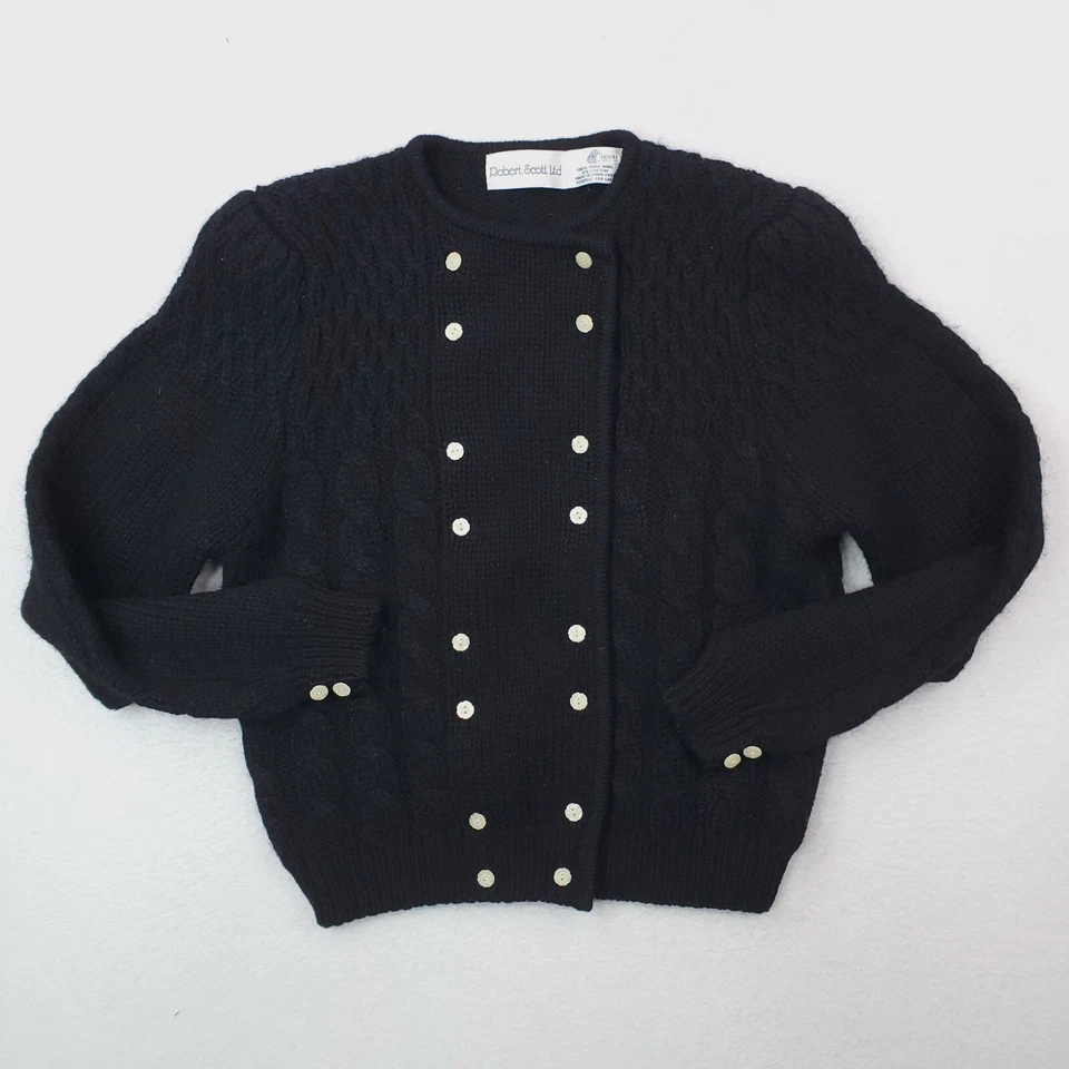 Suéter Robert Scott Mujer 36 Negro Recortado Cárdigan Lana Cable Tejido De Colección