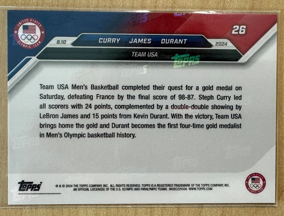 2024 Topps Now Olympics Gold Medal Team USA -- Curry/James/Durant #26 - Image 2 of 2