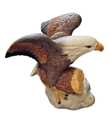 Ceramic Bald Eagle Figurine On Log Head Raised Wings Extended Matte
