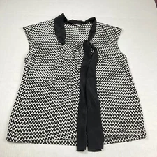 Trina Turk Silk Blouse Black White Print Neck Tie Short Sleeve Dressy Top SMALL