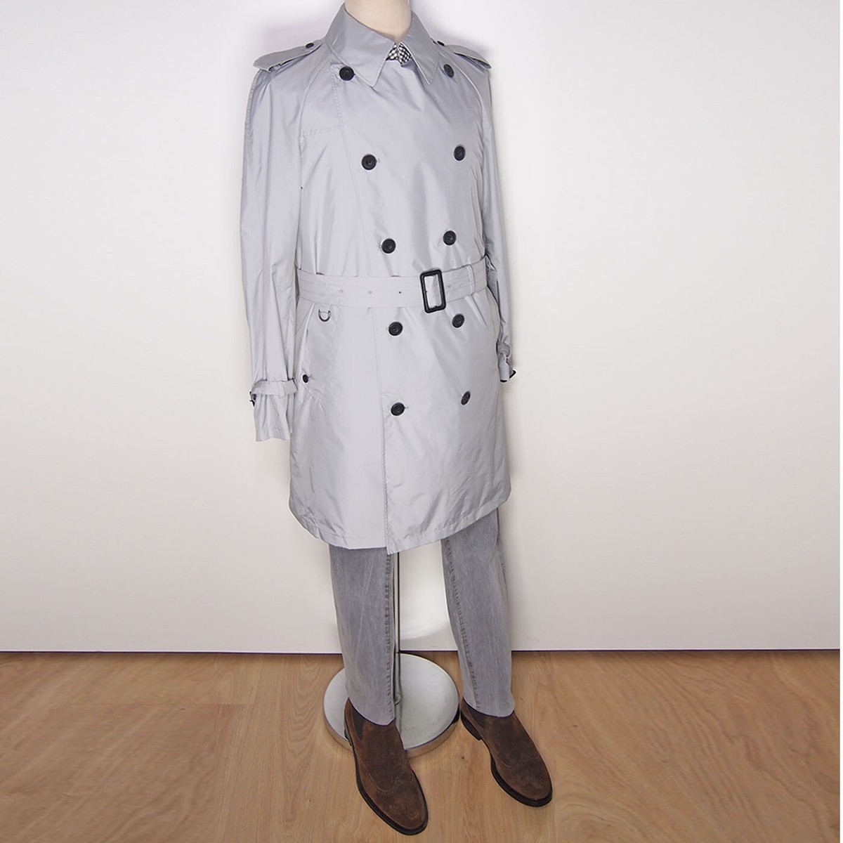 Aquascutum Trench Rain Coat Double Breasted Belted Gray Poyester