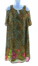 Tacera Womens Cold Shoulder Brown Animal Print and Floral Short Sleeve Dress