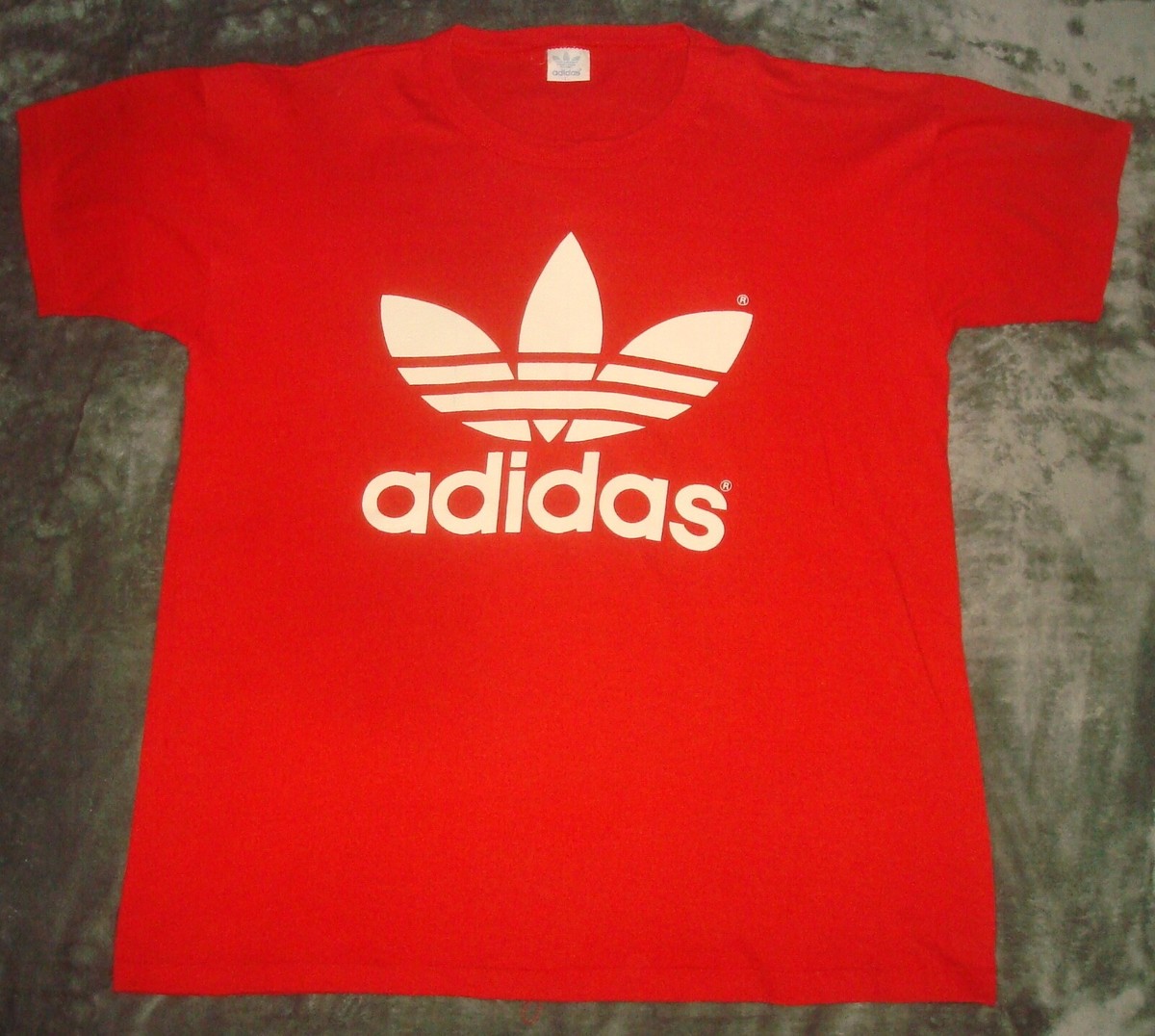 VTG 80s ADIDAS TREFOIL LOGO T SHIRT LARGE RED WHITE DOUBLE VTG 80s ADIDAS TREFOIL LOGO T SHIRT LARGE RED WHITE DOUBLE