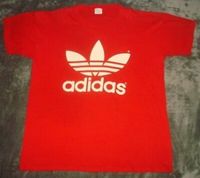 VTG 80s ADIDAS TREFOIL LOGO T SHIRT LARGE RED WHITE DOUBLE SIDED SINGLE STITCH