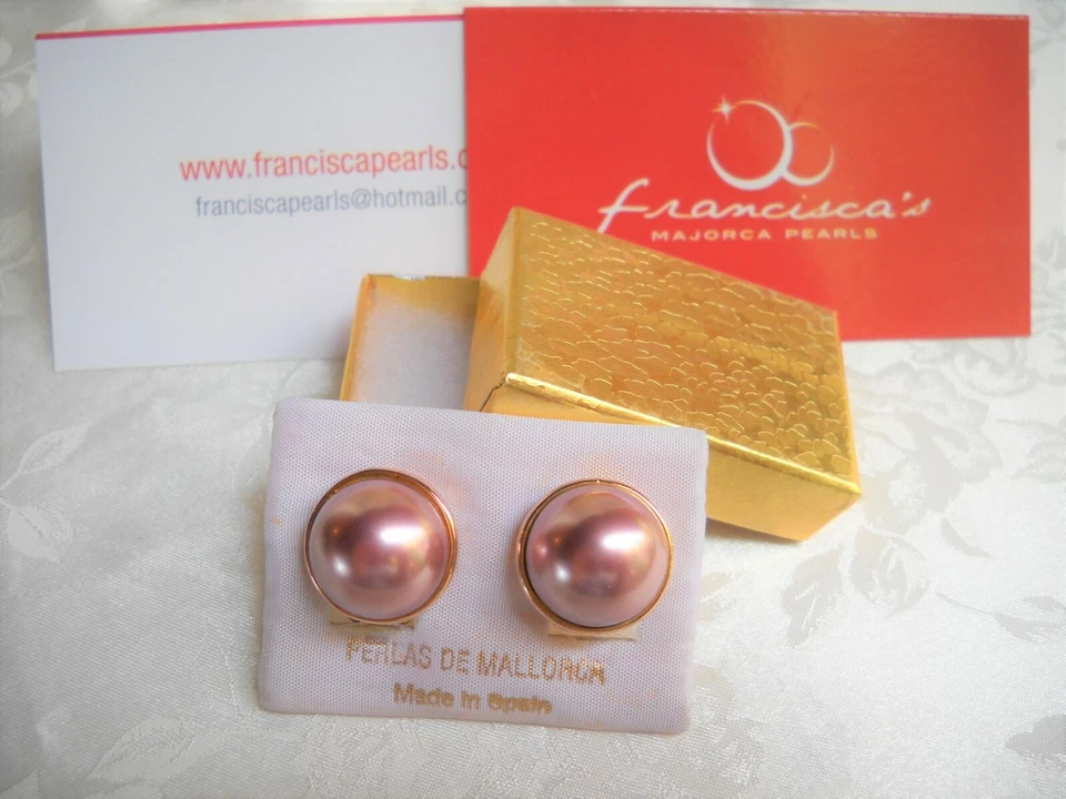 CLIP-ON MABE DARK PINK MAJORCA/MALLORCA PEARL EARRINGS 16MM  PEARLS GOLD FILLED - Image 4 of 4